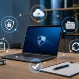 法人パソコンの初期設定で、セキュリティやバックアップ、資産管理を確認するイメージ
