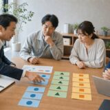 中小企業の社内担当者と外部支援者が生成AI業務を内製・外部支援・人の確認へ分類している様子