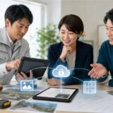 土地家屋調査士とIT相談担当者が中小企業の課題と役割分担を整理している様子