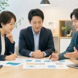 ファイナンシャルプランナーとIT相談担当者が中小企業の課題と役割分担を整理している様子