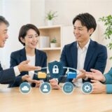 事業承継コンサルタントとIT相談担当者が中小企業の課題と役割分担を整理している様子