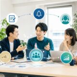 広告代理店とIT相談担当者が中小企業の課題と役割分担を整理している様子