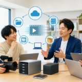動画制作会社とIT相談担当者が中小企業の課題と役割分担を整理している様子