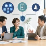 SNS運用会社とIT相談担当者が中小企業の課題と役割分担を整理している様子