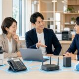 OA機器販売会社とIT相談担当者が中小企業の課題と役割分担を整理している様子