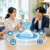 通信会社とIT相談担当者が中小企業の課題と役割分担を整理している様子