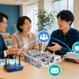 レンタルオフィスとIT相談担当者が中小企業の課題と役割分担を整理している様子